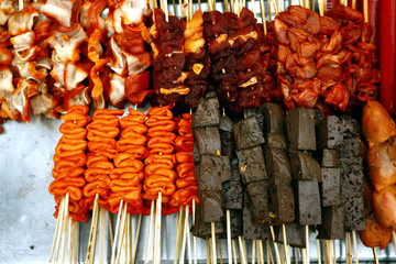 Assorted chicken and pork innards sold as street food