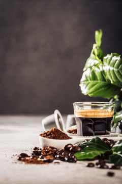 Background with glass cup of coffee, coffee beans and leafs. Beverage cafe shop concept with copy space. Toned photo