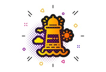 Beacon tower sign. Halftone circles pattern. Lighthouse icon. Searchlight building symbol. Classic flat lighthouse icon. Vector