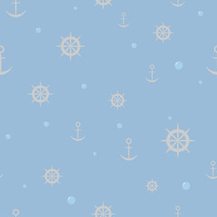 Decorative seamless colorful sea pattern. Repeat anchors, helms and bubbles.