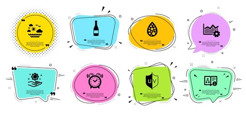 Champagne bottle, Employee hand and Technical algorithm line icons set. Chat bubbles with quotes. Uv protection, Alarm clock and Artificial colors signs. Vector