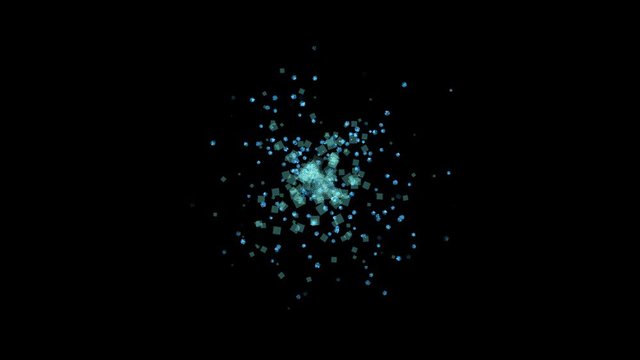 Blue transparent sphere particles surrounded by squares generated from center black background. Abstract square fragments flow over the black screen. 3d animation loop.