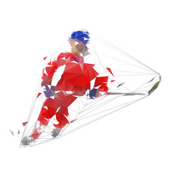 Ice hockey player in red jersey shooting puck, geometric polygonal drawing. Isolated vector illustration. Ice hockey athlete