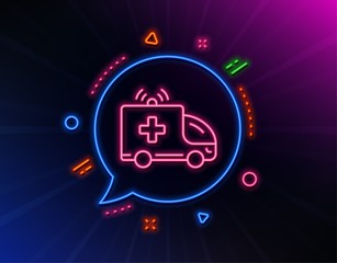 Ambulance car line icon. Neon laser lights. Medical emergency transport sign. Glow laser speech bubble. Neon lights chat bubble. Banner badge with ambulance car icon. Vector