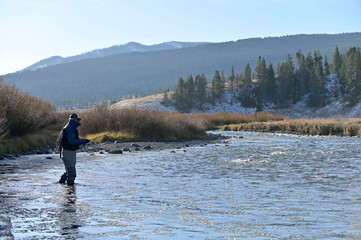 Fly fisherman in a river in Montana in autumn