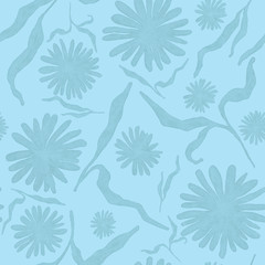 Fototapeta premium Flowers with leaves silhouettes, hand drawn seamless pattern with blossom on blue