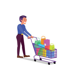 Caucasian adult man walking with shopping cart full of purchases. Flat style stock vector illustration, isolated on white background.