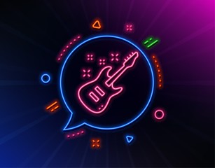 Electric guitar line icon. Neon laser lights. Music sign. Musical instrument symbol. Glow laser speech bubble. Neon lights chat bubble. Banner badge with electric Guitar icon. Vector