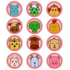 Vector illustration of chinese zodiac icons in cute style