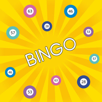 Fun bingo banner template for lottery promotion. Bright square poster, flyer, card with yellow glowing background and balls. Vector illustration