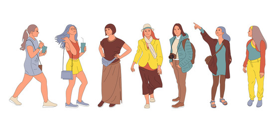 Set of different people characters in casual outfit. Crowd of girls in different poses, walking, standing outdoors. Isolated on white. Flat style cartoon stock vector illustration.