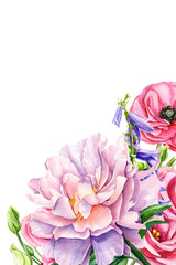 watercolor illustration on isolated white background, hand drawing, bouquet of flowers, ranunculus, blue bell, rose, peony