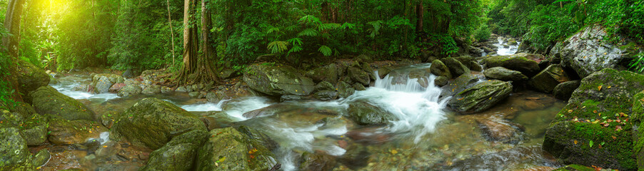 Panoramic beautiful deep forest waterfall in Thailand