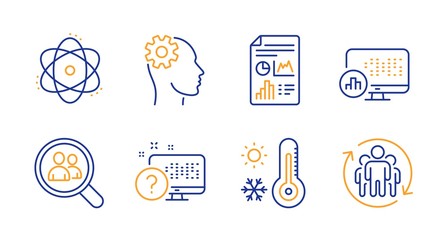 Report document, Atom and Search employees line icons set. Online quiz, Weather thermometer and Report statistics signs. Engineering, Teamwork symbols. Growth chart, Electron. Science set. Vector