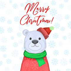 Merry Christmas illustration. White polar bear in Cristmas costume, red hat, sweater and green scarf. Backgound with snowflakes. Christmas design template