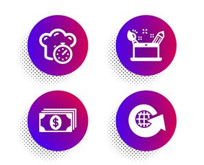 Creativity concept, Banking and Cooking timer icons simple set. Halftone dots button. World globe sign. Graphic art, Money payment, Stopwatch. Around the world. Business set. Vector