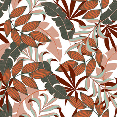Original seamless tropical pattern with bright plants and leaves on white background.  Trendy summer Hawaii print.  Vector design. Jungle print. Floral background. 