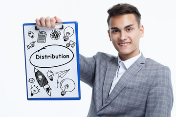 Business, technology, internet and network concept. Young businessman shows a keyword: Distribution