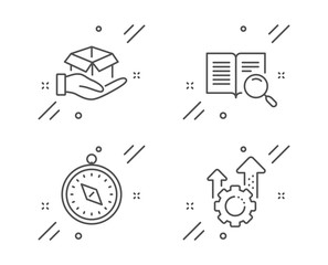 Travel compass, Search text and Hold box line icons set. Seo gear sign. Trip destination, Open book, Delivery parcel. Cogwheel. Line travel compass outline icon. Vector