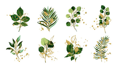 Fototapeta Gold green tropical leaves wedding bouquet with golden splatters isolated on white background. Floral foliage vector illustration arrangement in watercolor style. Botanical art design obraz