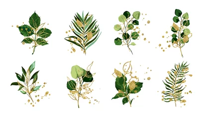 Goldgrüne tropische Blätter Hochzeitsstrauß mit goldenen Spritzern isoliert auf weißem Hintergrund. Blumenlaubvektor-Illustrationsanordnung in der Aquarellart. Botanisches Kunstdesign © madiwaso