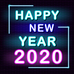 Happy new year 2020 and neon light style.Red and blue Neon Font on black background. , X'mas,party, electric,card.