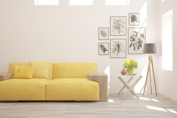 Stylish room in white color with yellow sofa. Scandinavian interior design. 3D illustration