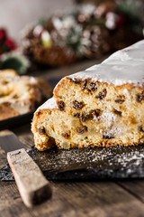 Christmas stollen fruit on wooden table
