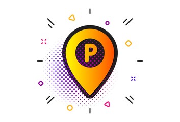 Obraz premium Location map pointer sign. Halftone circles pattern. Parking icon. Car park symbol. Classic flat parking icon. Vector