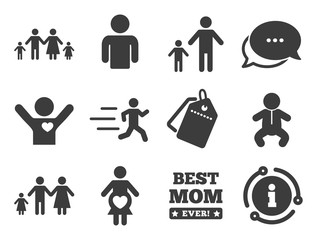 Maternity, person and baby signs. Discount offer tag, chat, info icon. People, family icons. Best mom, father and mother symbols. Classic style signs set. Vector