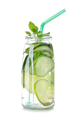 Bottle of healthy infused water on white background