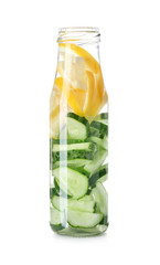 Bottle of healthy infused water on white background