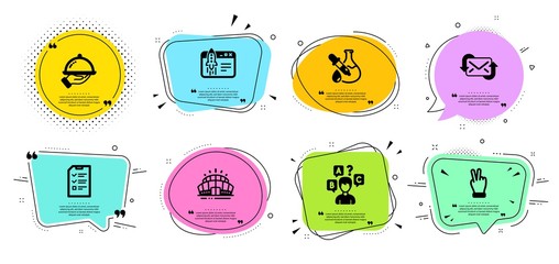 Refresh mail, Interview and Chemistry experiment line icons set. Chat bubbles with quotes. Restaurant food, Start business and Victory hand signs. Arena stadium, Quiz test symbols. Vector