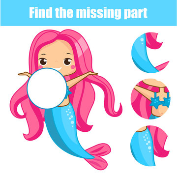 Mermaid puzzle for toddlers. Find missing part of picture. Educational game for children and kids