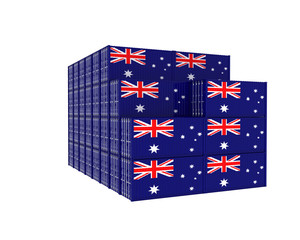 3D Illustration of Cargo Container with Australia Flag on white background with shadows. Delivery, transportation, shipping freight transportation.