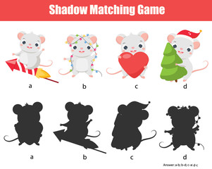 Shadow matching game. Match mouse with silhouette. New year theme fun page for toddlers
