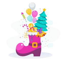 Red Santa Claus boot with gifts, treats and christmas tree.