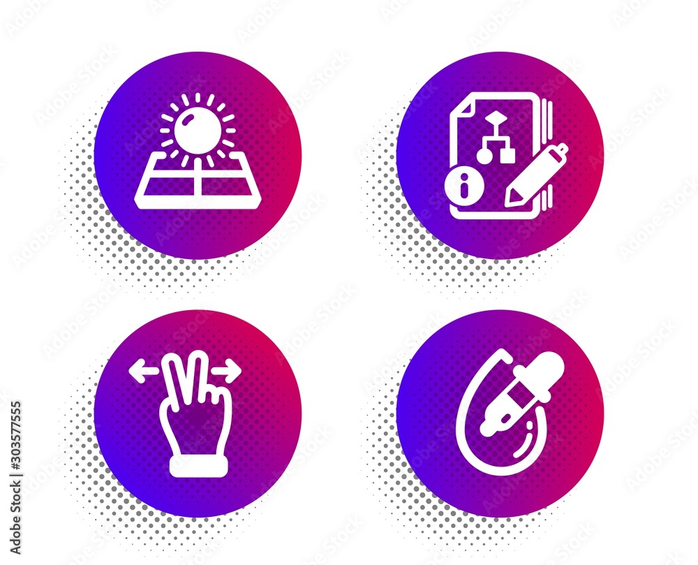 Poster touchscreen gesture, algorithm and sun energy icons simple set. halftone dots button. eye drops sign
