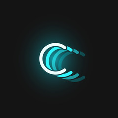 Blue neon character font on black background with reflections, vector illustration