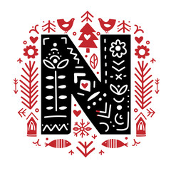 Creative letter N with folk motives - scandinavian. Vector illustration.