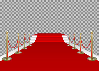 Red carpet and golden barriers with stairs and scene. VIP entering the stage for the award. Shiny fencing isolated on transparent background. Vector illustration.