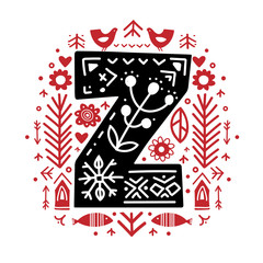 Creative letter Z with folk motives - scandinavian. Vector illustration.