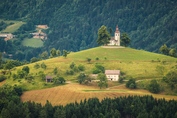 Fototapeta na wymiar Church on the hill on a beautiful day in Sveti Tomaz, Skofja Loka, Slovenia