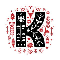 Creative letter K with folk motives - scandinavian. Vector illustration.
