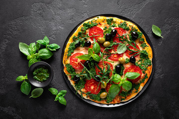 Pizza. Traditional italian pizza with green basil pesto sauce