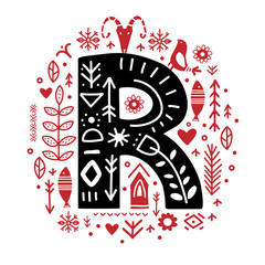 Creative letter R with folk motives - scandinavian. Vector illustration.