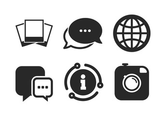 Chat speech bubble and world globe symbols. Chat, info sign. Social media icons. Hipster photo camera sign. Photo frames. Classic style speech bubble icon. Vector