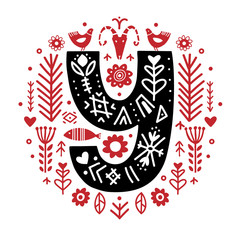 Creative letter Y with folk motives - scandinavian. Vector illustration.