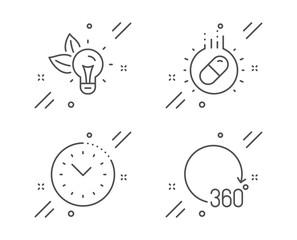 Eco energy, Time management and Capsule pill line icons set. 360 degrees sign. Lightbulb, Office clock, Medicine drugs. Full rotation. Science set. Line eco energy outline icon. Vector