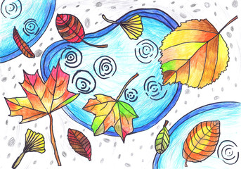 Multicolored autumn leaves lie on puddles. Children 's drawing, mixed technique